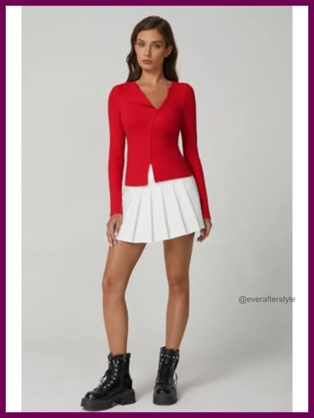 Long Sleeve Ribbed Crewneck Top with Upper Button Fastening Going Out Tops - Picture 2 of 6